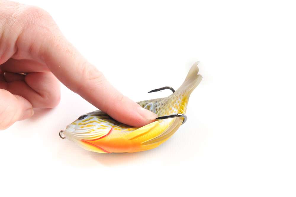 The soft bait replicates a juvenile Sunfish, pushed to the surface by predatory fish.