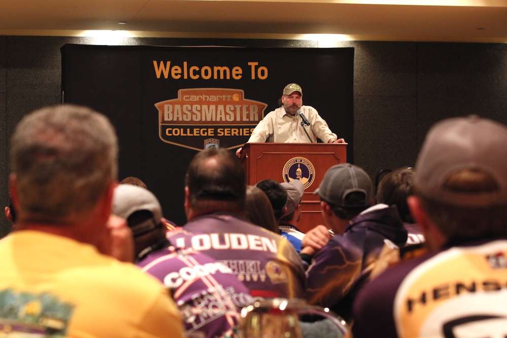 Humes spoke of the hard work it takes to make it to the top of the Carhartt College Series and the appeal the work ethic needed to succeed has in garnering Carhartt's partnership with B.A.S.S. in support of collegiate fishing. Humes left the anglers with a spin off of the Carhartt slogan, Out Work them All. Wishing the anglers good luck, Humes concluded with 