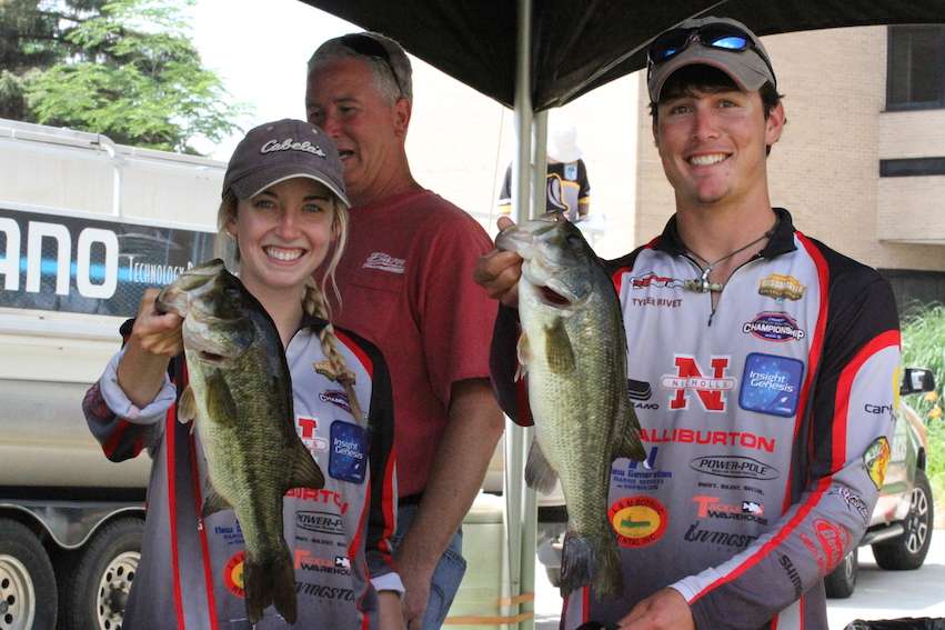 Allyson Marcel and Tyler Rivet of Nicholls State University caught 8 pounds, 7 ounces today and took the lead going into the final day.