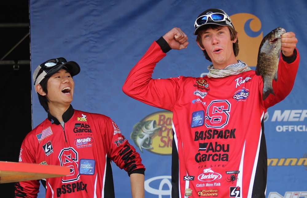 Grayson Barber and Hiroto Kinoshita of NC State University are proud of their one fish. Considering Hiroto was in Japan 4 days ago and made a special trip to the states to fish the National Championship, they have reason to be proud. 