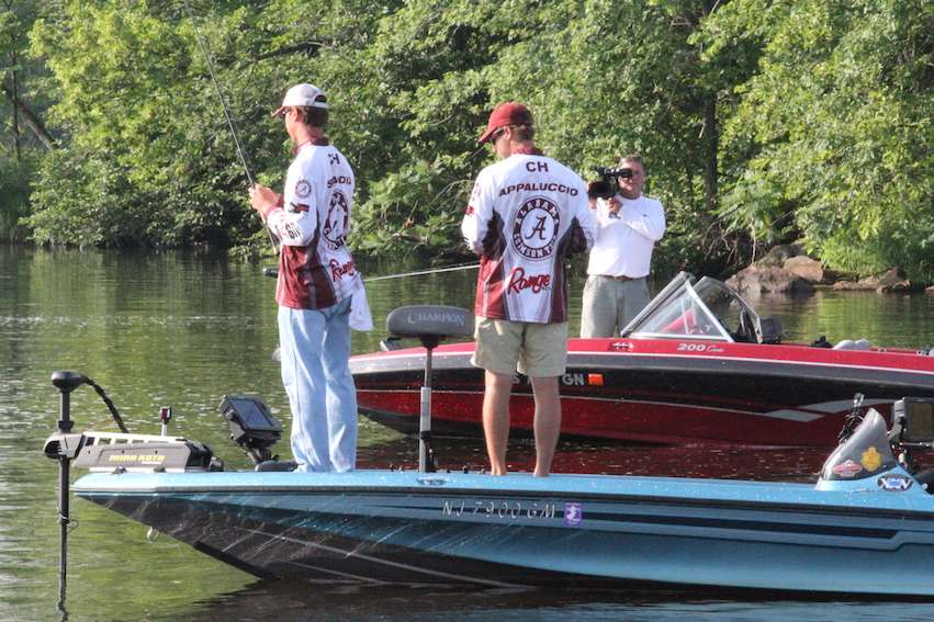 The Alabama team was pitching jigs to the shallow rocky cover near one of the dams on Lake DuBay. The current areas have been beaten up by a lot of fishing, which they aren't accustomed to.