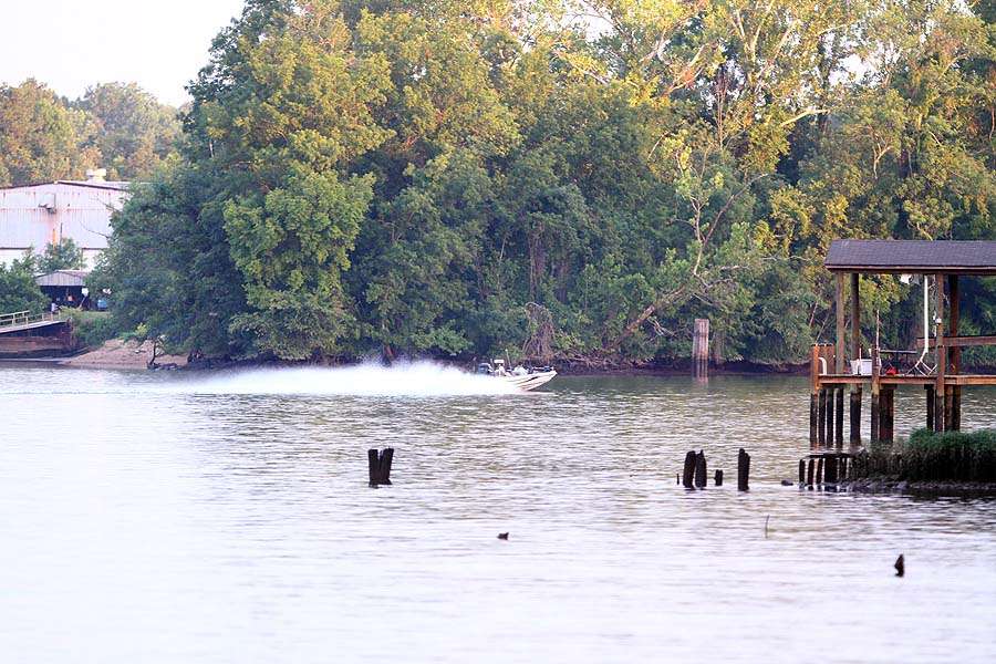 These shoreline pilings will be covered when the high tide comes in.