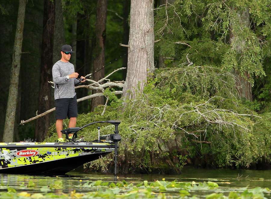 We found Hunter Shryock alternating fishing between the cover around cypress trees and lily pads. 
