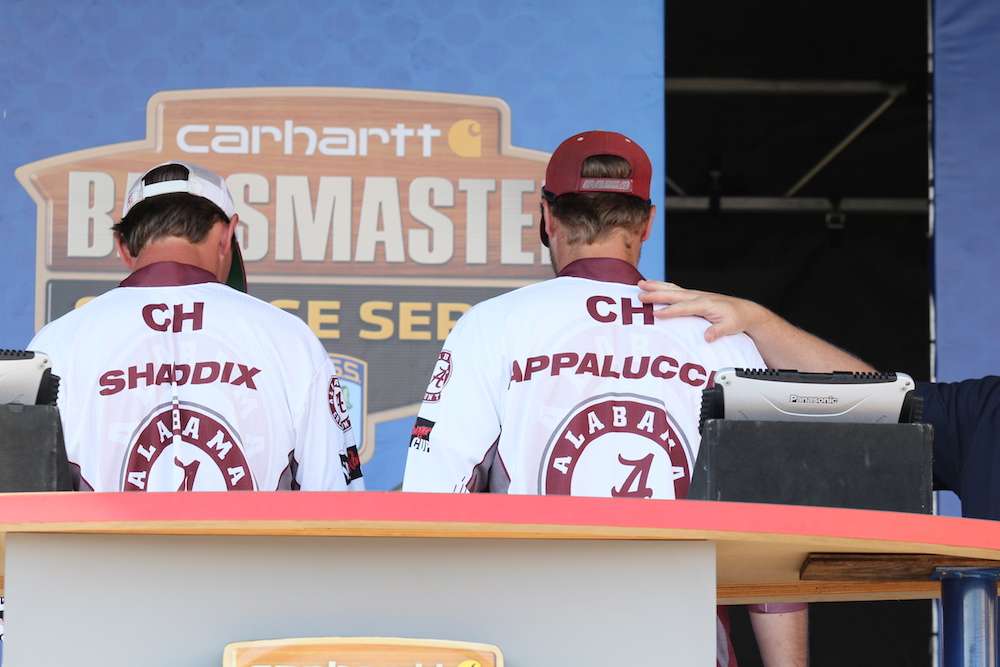 Alabama's team put CH where their names are supposed to be in honor of a boy they met at the Bassmaster Classic in 2014. The young man passed away that summer. He had spoken highly of the Alabama Fishing Team and told them how he was going to be on the team one day. Appaluccio, Shaddix and the rest of the team decided they would make his dream come true and have carried him on their shoulders all year. 