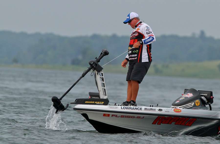Tharp jerks his trolling motor to make a move. 
