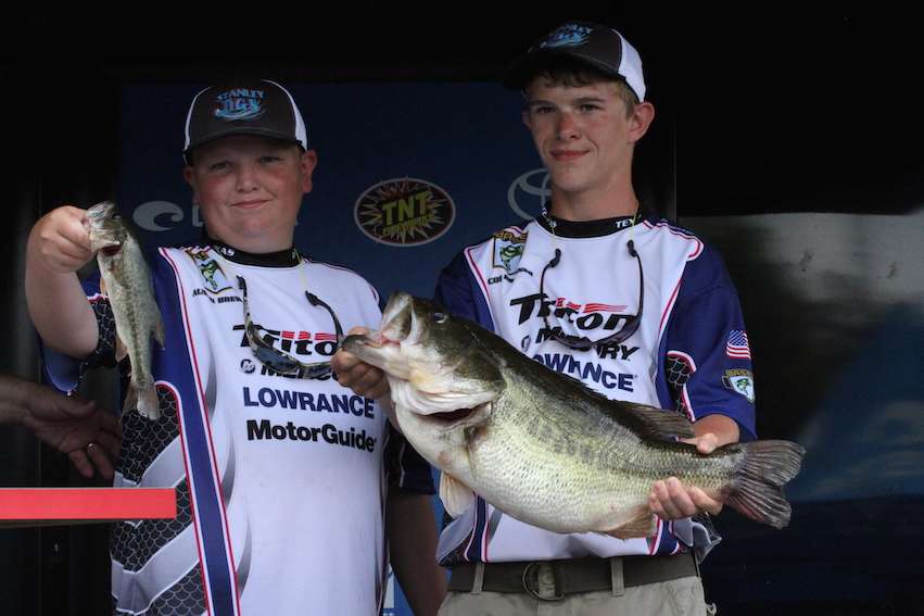 Jacob Bruener and Austin Brewer from Texas brought two fish to the scales and lead with 12-12. Bruener's giant fish weighed 11 pounds, 14 ounces. It broke the Carroll County 1,000 acre lake record, which was just over 9 pounds. 