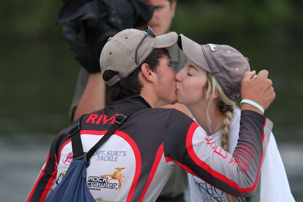 Unofficially the first kissing co-anglers we've ever had here at the Carhartt Bassmaster College Series. Teammates Allyson Marcel and Tyler Rivet share a moment before launch. Rivet and Marcel are also dating. 