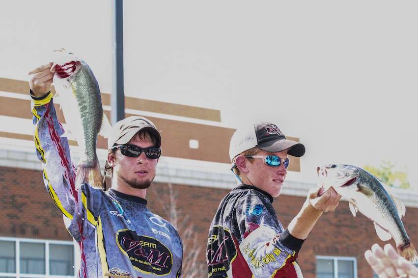 Cole Moore and Casey Haymon head to the stage after a tough final day on the water.