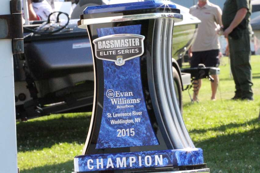 The 2015 Evan Williams Bourbon Bassmaster Elite at St. Lawrence River championship trophy.