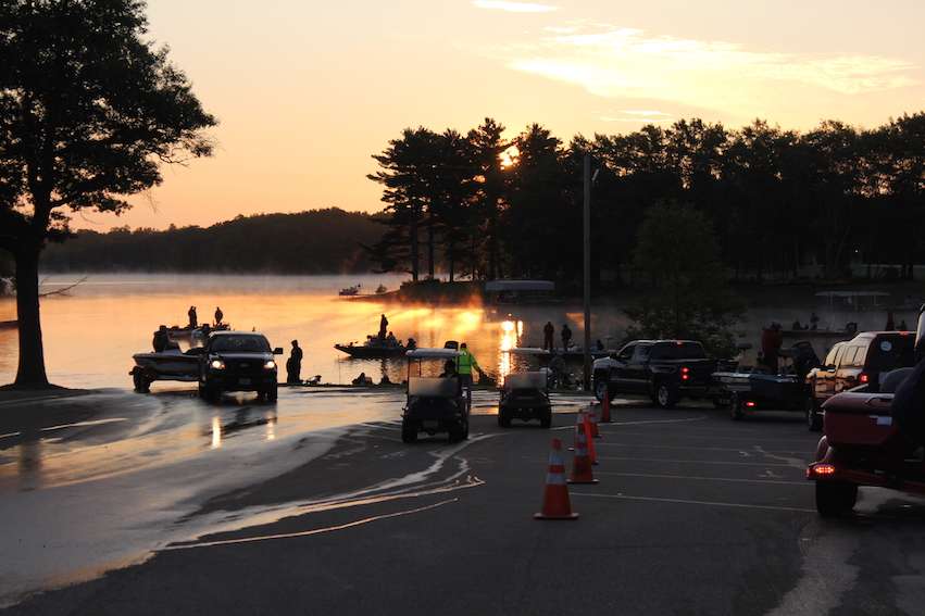 Anglers wait in line to launch their boats into Lake DuBay.