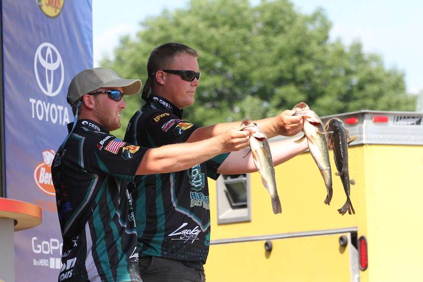 Defending champions Jake Whitaker and Andrew Helms are tied for 6th after Day 1... they say they like tough fishing in these tournaments.