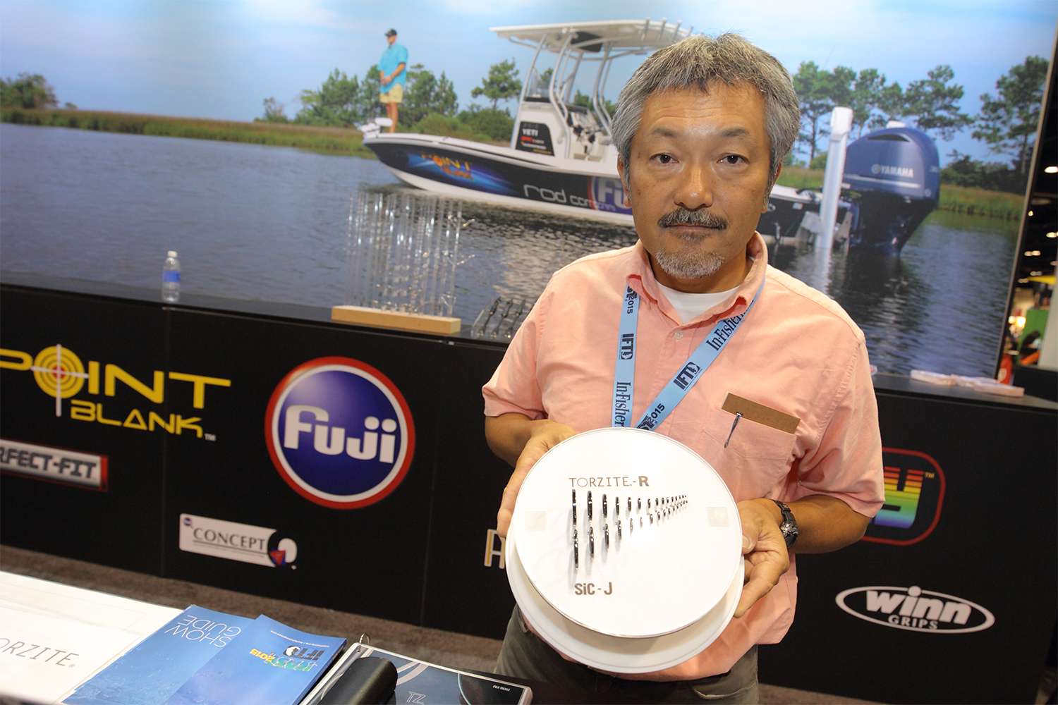 Yoshiaki Fujieda, chief of product development at Fuji Kogyo Co., Ltd., shows his wares.