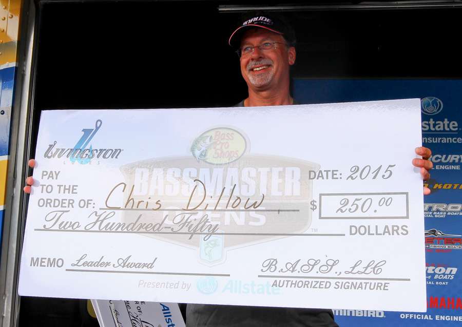 Dillow accepts the Livingston Lures Leader Award for leading on Day 2 of the tournament.