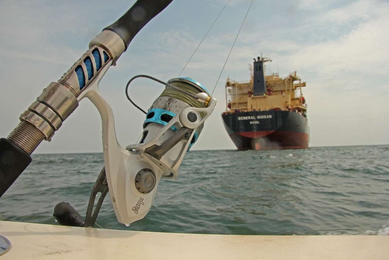 <p>Huge freighters are a common site in the Chesapeake Bay, and the reel of choice is a size 60 Quantum Cabo spooled with 50-pound braid, and a 50-pound fluorocarbon leader.</p>
