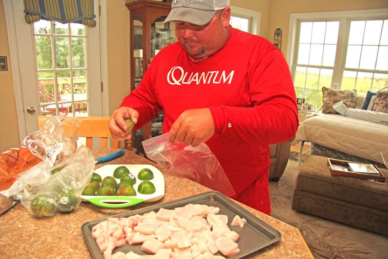 Each day ends at the Powroznik house on Potato Neck Road with a richness of friendship, family, faith, lots of fishing chatter, perhaps a cold adult beverage or three â and great food. Powroznik is preparing Ceviche using lots of lime juice. 