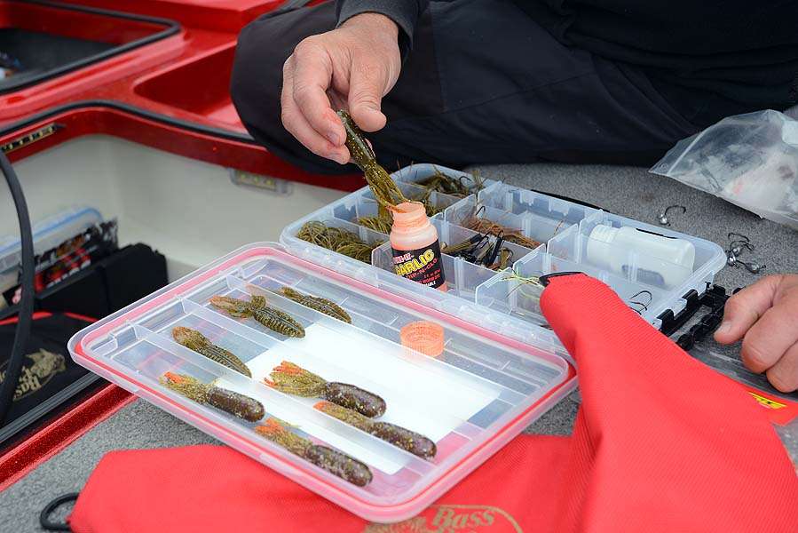 Adding Spikeit to the tails of tube baits adds strike appeal to the lure. This angler is prepping his lineup of tubes prior to registration. 