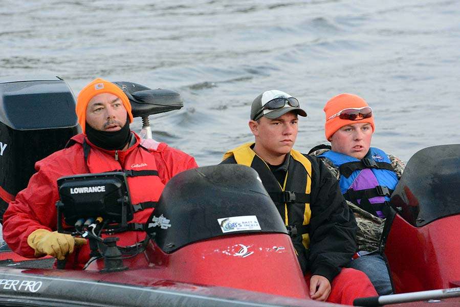 South Dakota high school boat captain Casey Hutmacher with son Adam and teammate Brennan Swanson. 