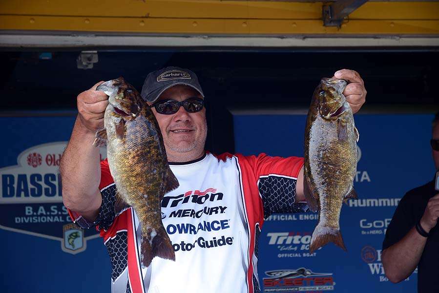 Day 1 second-place angler Gary Adkins stays in contention for the tournament win with these two smallmouth.