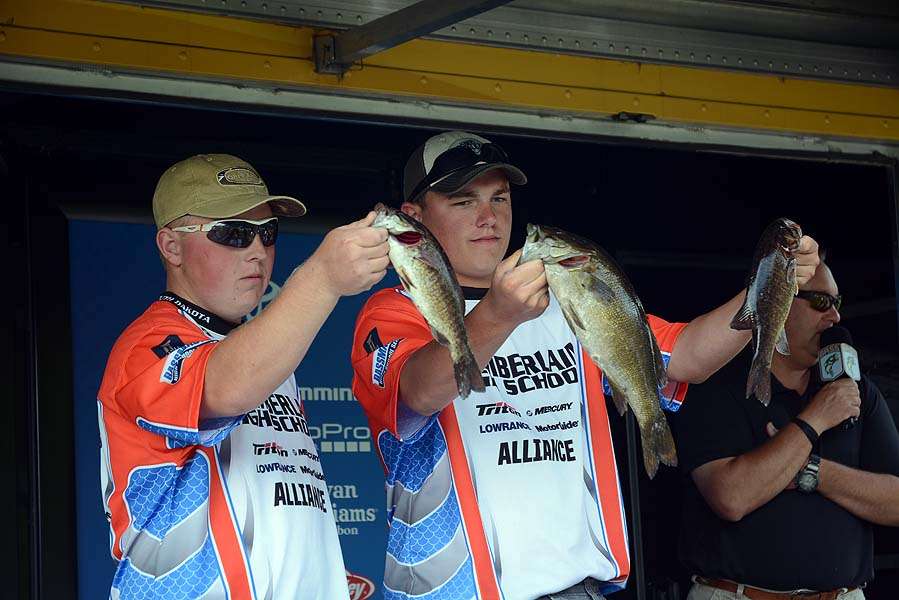 Adam Hutmacher and Brennan Swanson of South Dakota are first to weigh in. The anglers represent Chamberlain High School.