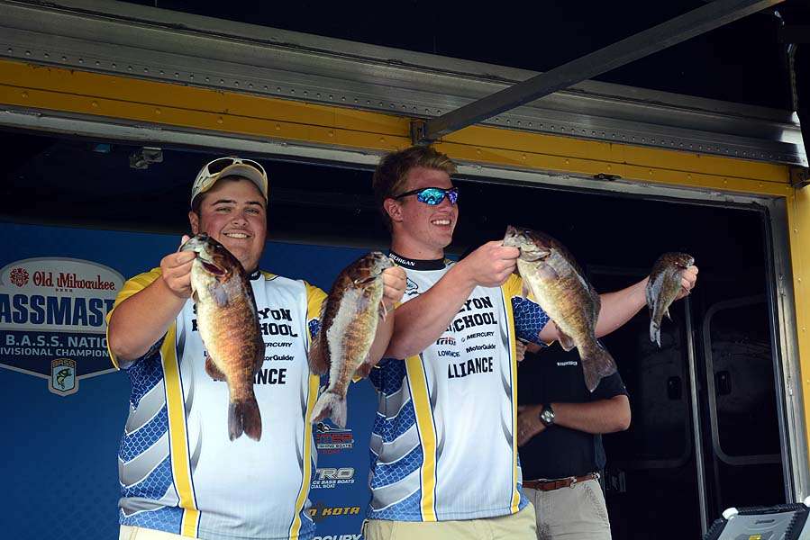 Clayton Hatton and John Dombroski of Michigan are next to weigh in. The anglers represent South Lyon High School.