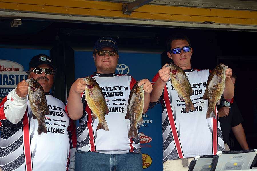 Boat captain John Kovatch holds fish with son Joe and partner Wade Pritsel. The Ohio anglers are from the Hartley Hawgs, a team sponsored by Bassmaster Elite Series pro Charlie Hartley.