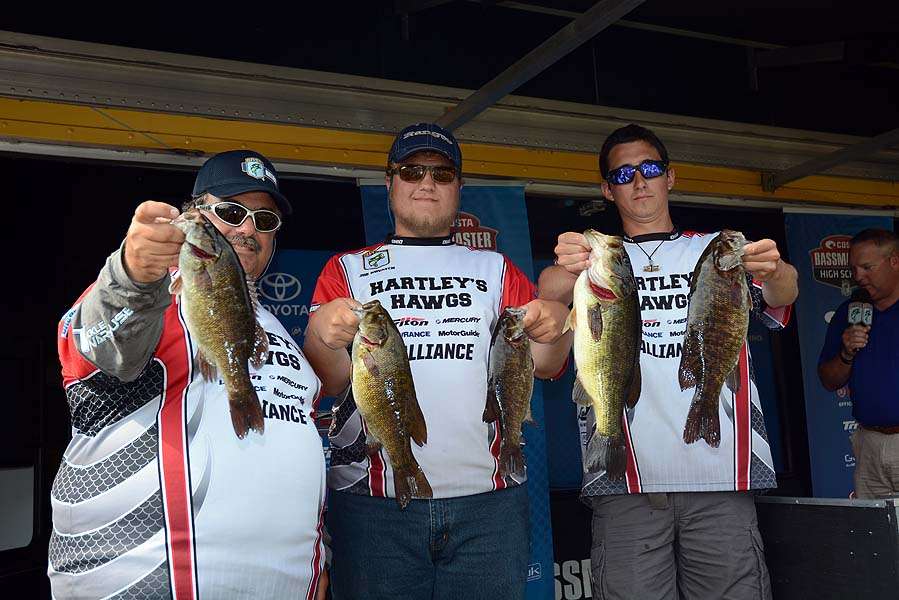 Boat captain John Kovatch holds fish with son Joe and partner Wade Pritsel. The Ohio anglers are from the Hartley Hawgs. 