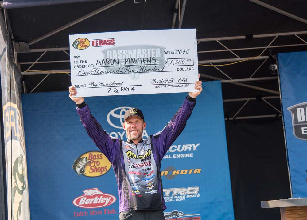 Aaron Martens took the big bass contigency check from The Chesapeake.