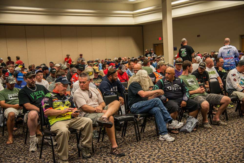 Anglers gather for the Oneida Lake rules and registration meeting. 