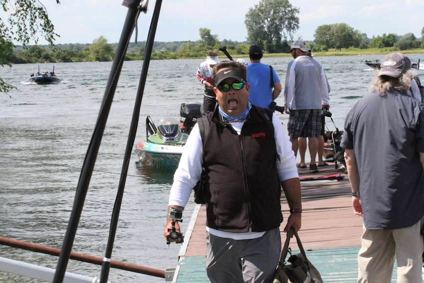 Cameraman Eric Kaffka is excited after his day on the water with Bernie Schultz. Schultz had 18 pounds today and is in fourth.