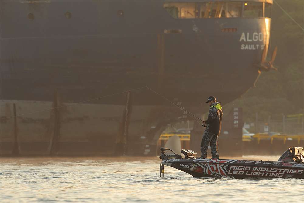 Brandon Palaniuk fished Day 2 of the Plano Bassmaster Elite at Lake St. Clair near the mouth of Lake Huron, where he caught a bag of 21-1 to take the lead.