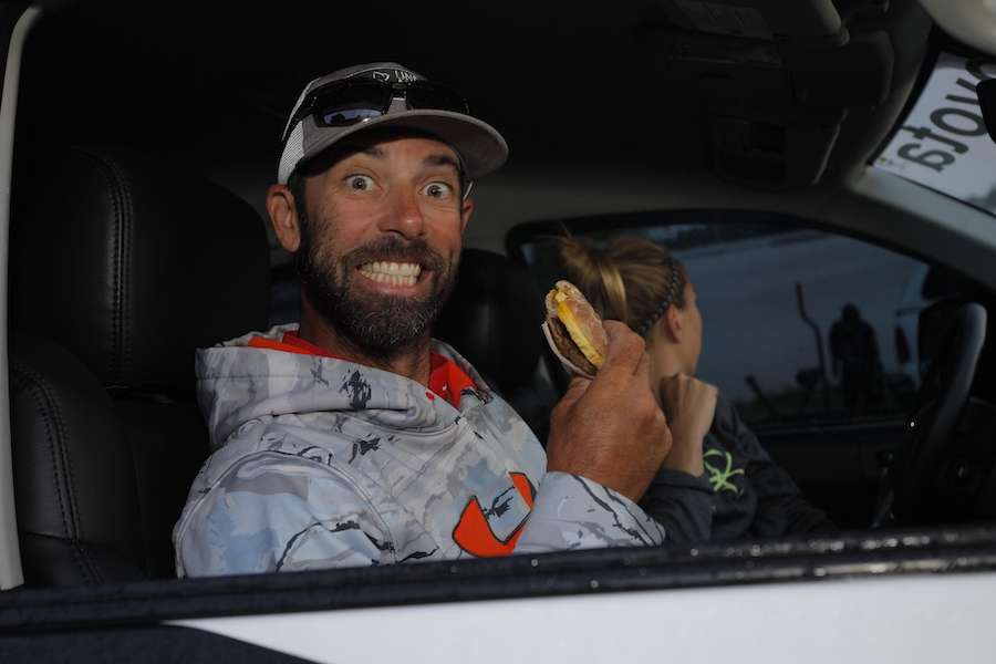 Mike Iaconelli is bright and cherry this morning, especially with breakfast in hand.