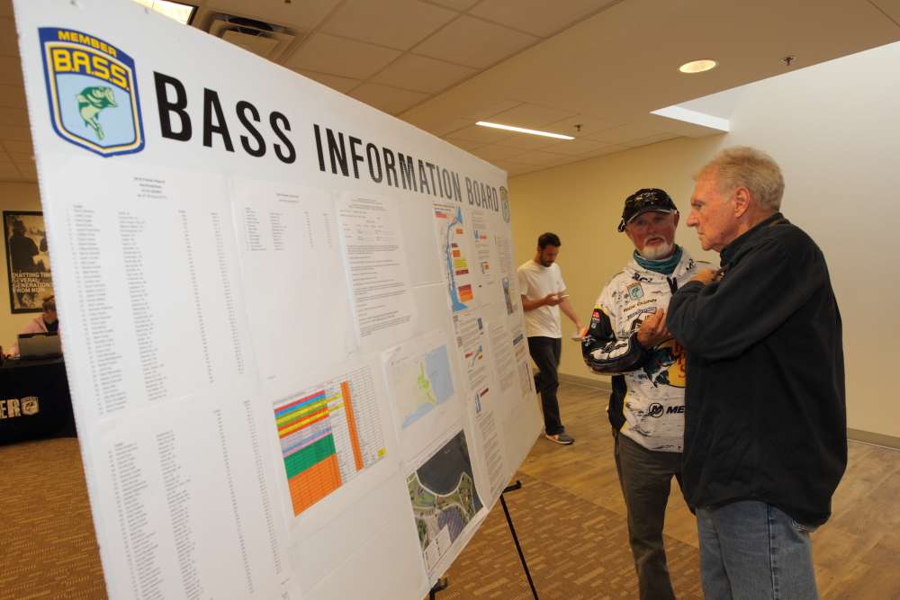 B.A.S.S. Co-Owner Jerry McKinnis and angler Rick Clunn talk by the BASS information board.