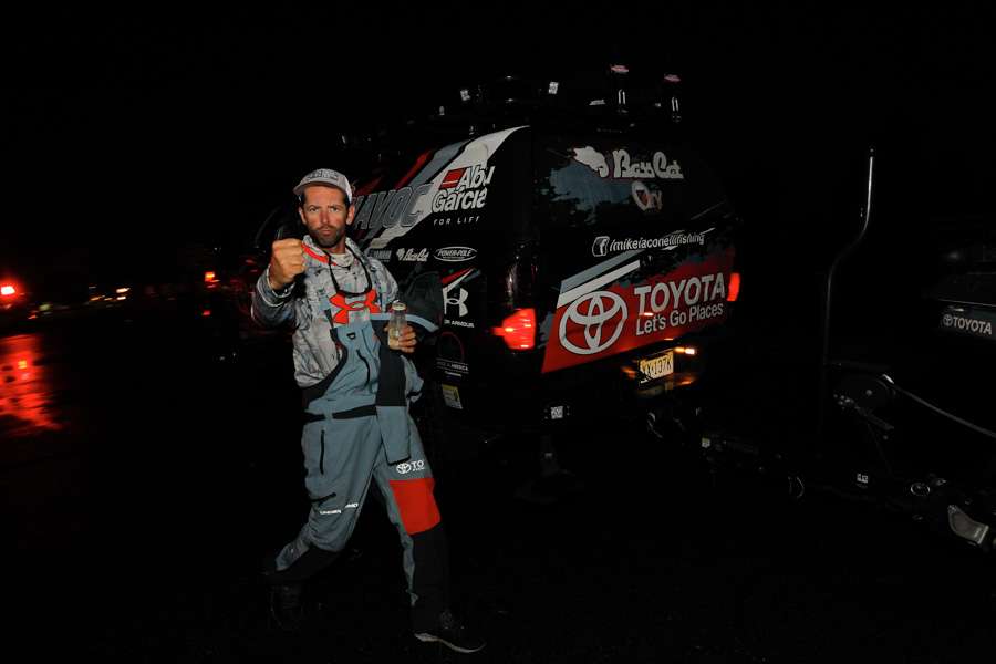 Mike Iaconelli is pumped up for Day 2 on Lake St. Clair. 