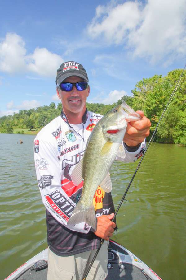 10:48 a.m. Evers catches his first keeper bass of the day, 2 pounds, 3 ounces, from a flooded bush on a worm.
