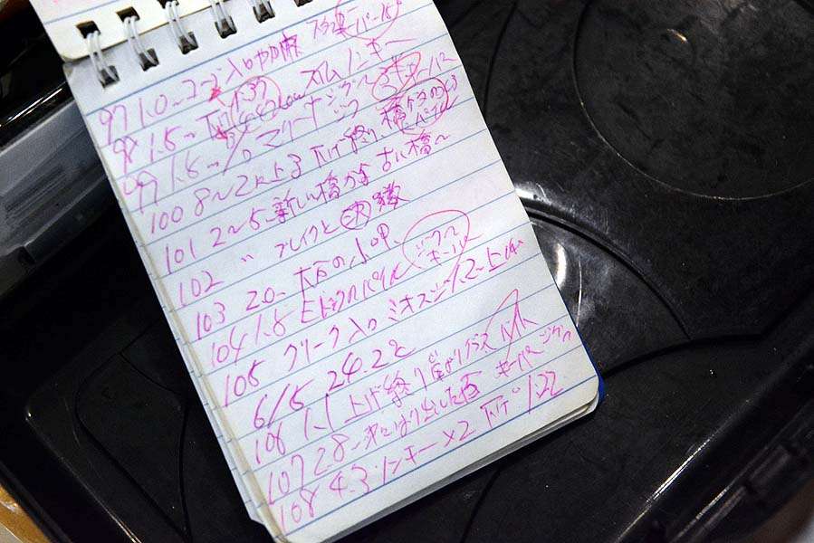 The evidence is inside the pages of the notebook. This inventory list has every component of the custom lures made by Shin. The dates on this notebook range from 2005 to 2015. Shin goes through a lot of notebooks like these.