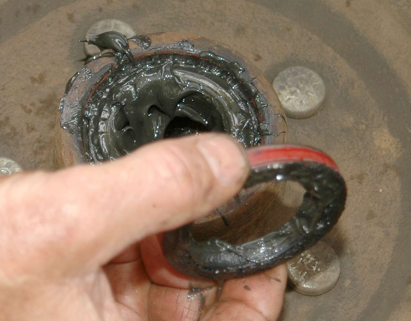 Pull the hub off the axle and turn it over. The inside wheel bearing lies under a seal. I punched the seal out by tapping on a screwdriver from the opposite side. Take care not to tap on the race that the bearing rides on or to damage the seal. A damaged seal must be replaced.