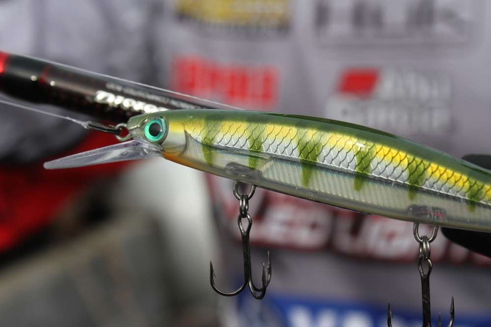 Perch colors are dominant in his arsenal, but he likes the shad patterns as well as three trebles on his jerkbait.