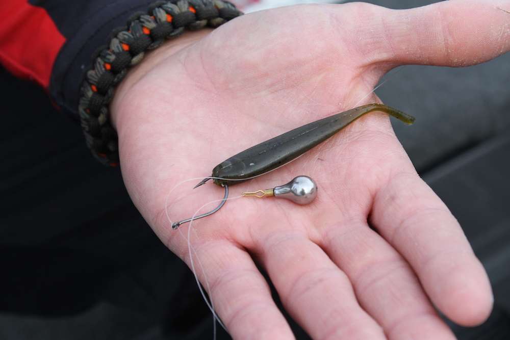 Next in his arsenal is the Berkley Twitch Tail Minnow rigged on a dropshot. Palaniuk says they donât make it anymore, but it is his favorite dropshot bait. Green Pumpkin is hard to beat for the color and he pairs it with an Eco Pro Tungsten Full Contact dropshot weight.