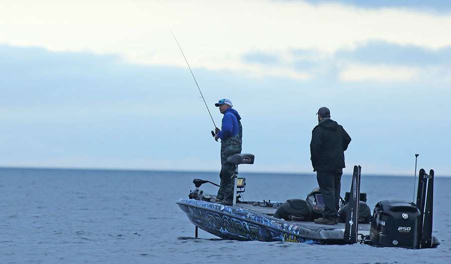 Jeff Kriet started Day 2 of Toyota Angler of the Year Championship on Sturgeon Bay well out into Green Bay.