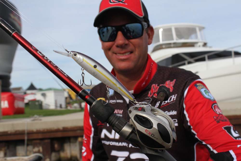 The jerkbait king likes a KVD 300 jerkbait in Crystal Shad and perch colors.
