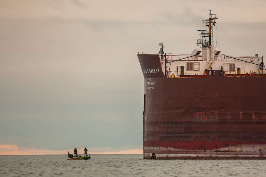 Cliff Pirch is focusing on one massive ship in the Sturgeon Bay channel this morning.