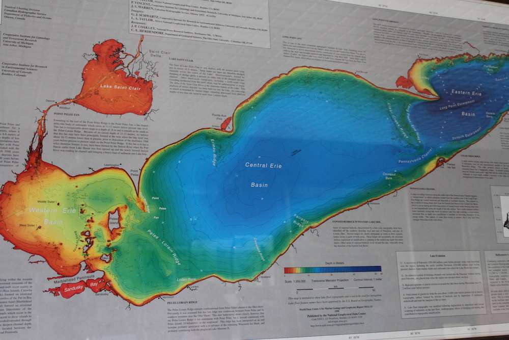 A scaled map of Lake Erie's water depth and expansive system.