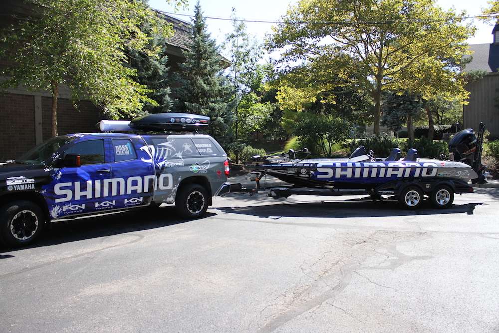 The Shimano bass rig hangs outside for people to check out.
