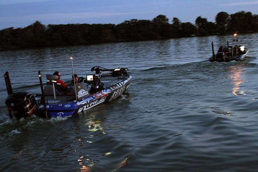 Jocumsen, of Australia, is the second boat to leave the dock. He plans to race to his offshore area and bag another quality limit of smallmouth. 