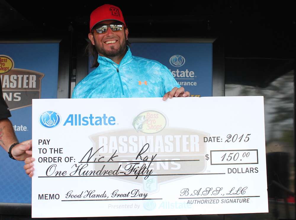Co-angler Nick Ray receives the Allstate Good Hands Award for making the biggest comeback on the co-angler side. Ray boated a giant 3-fish limit of smallies worth 15-2.