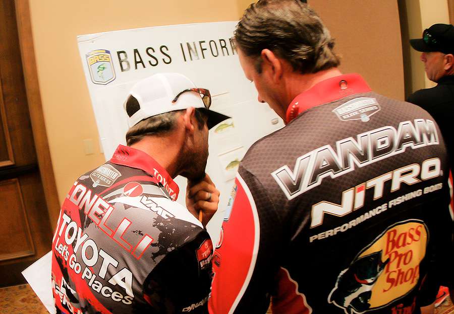The numbers on the B.A.S.S. Information Board drew a lot of attention before the briefing. Mike Iaconelli and Kevin VanDam take a look at where they stand. 