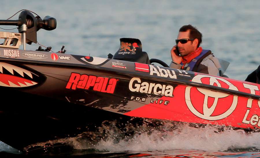 Mike Iaconelli had an early mechanical issue and was on the phone with the service crew. 