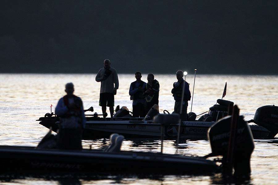 The Star Spangled Banner plays as the anglers honor the nation just prior to the beginning of Day 1. 