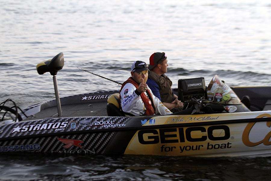 McClelland is favored due to his offshore angling skills when the bass inhabit rockpiles, which are abundant on this lake. 