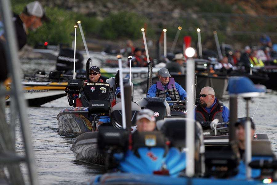 The boats are organized into flights. These late comers are hoping to get on spots for the early topwater bite. 
